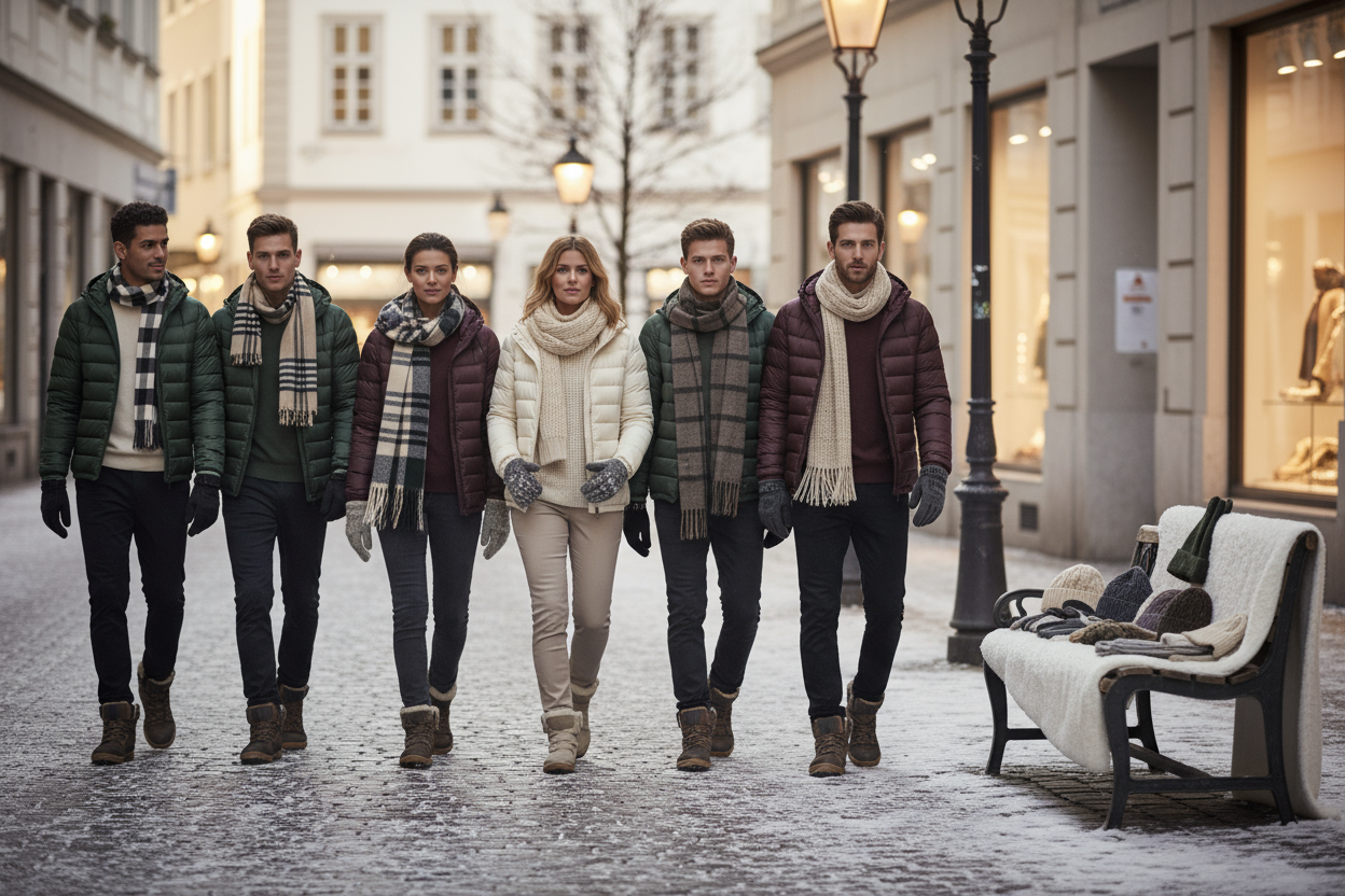 A stylish winter fashion showing men and women wearing cozy winter jackets, scarves, gloves, and thermal outfits, walking in a modern European street with light snow and warm lighting. Include some flat-lay accessories (beanies, socks, thermal gloves) beside them for lifestyle feel. Clean minimalist, professional composition, bright natural light, premium cozy mood, ultra-realistic high-resolution image only image needed